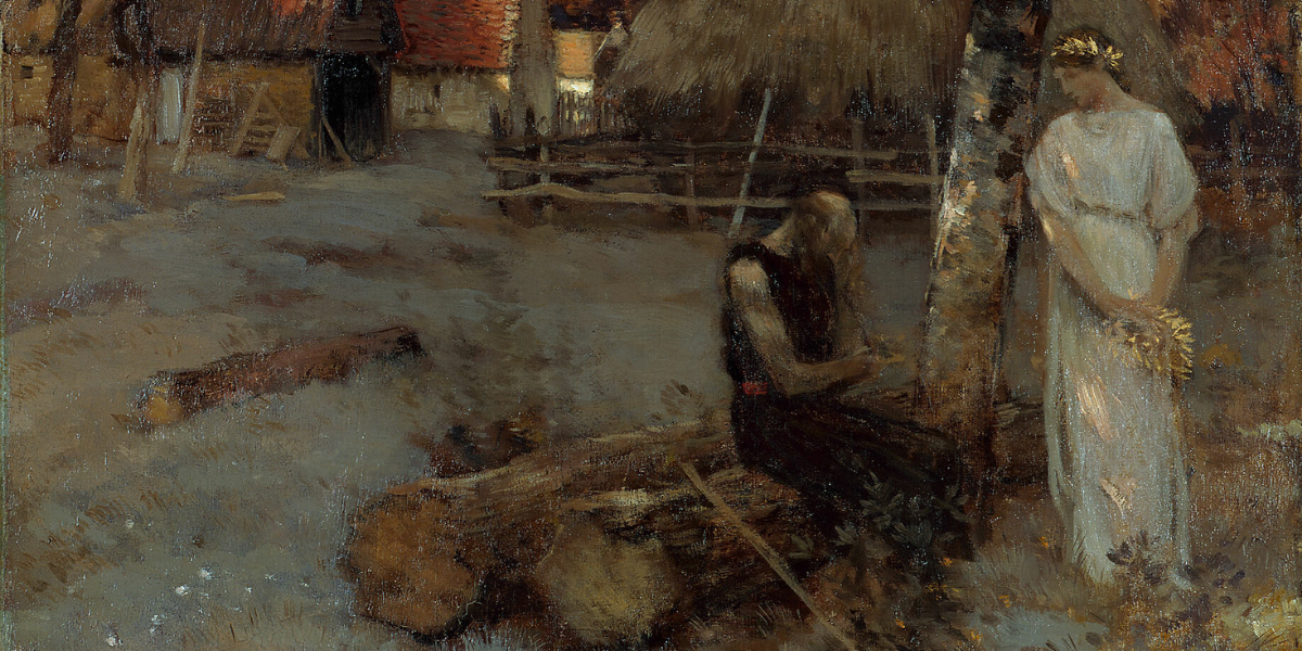 Painting of village with man sitting head in hand next to angel with golden laurels