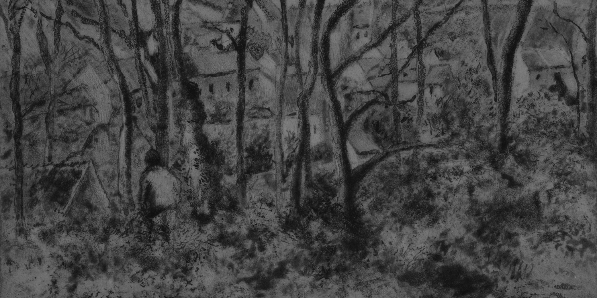 Black and white drawing of wooded landscape and lone figure walking toward the town below