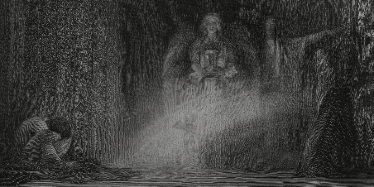 Black and white engraving of man curled up on floor and light from angels glowing nearby