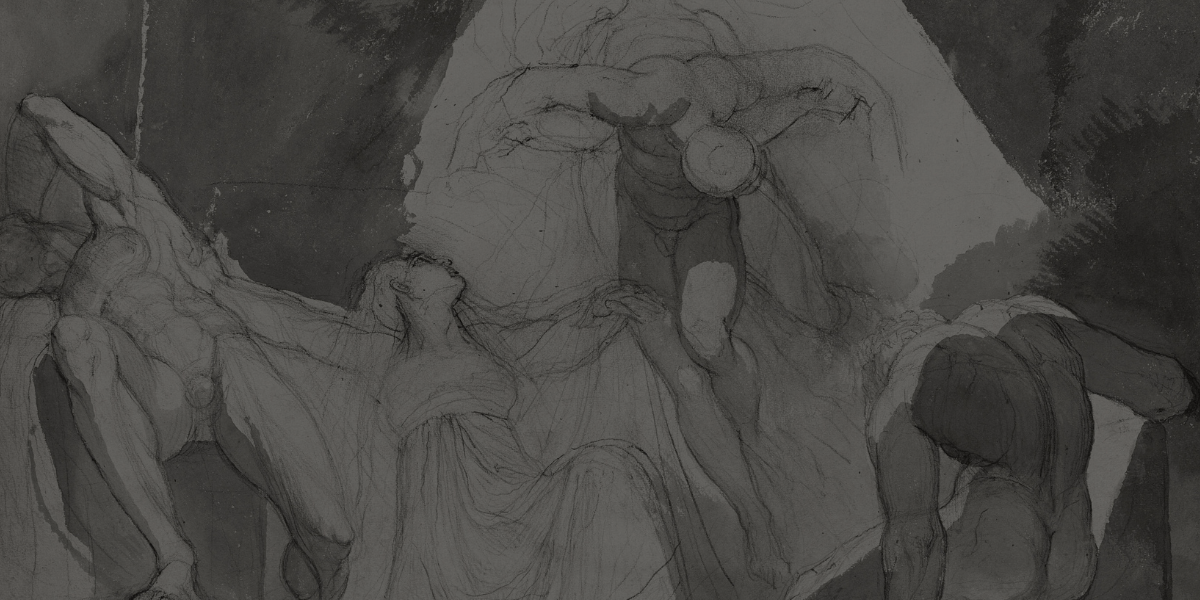Black and white ink drawing of exhausted young men being held or carried away by two women