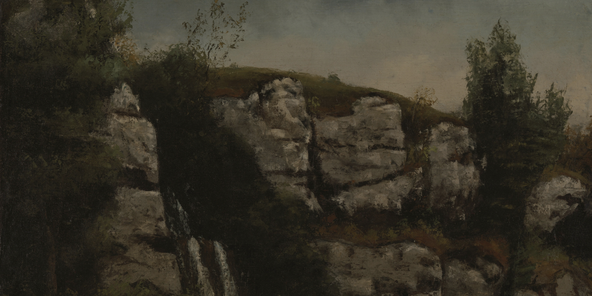 Painting depicts rugged, rocky cliffs with green shrubs and partly cloudy sky