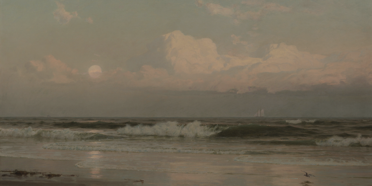 Oil painting nocturnal landscape featuring silvery moonlight shimmering across a dark body of water toward the horizon.