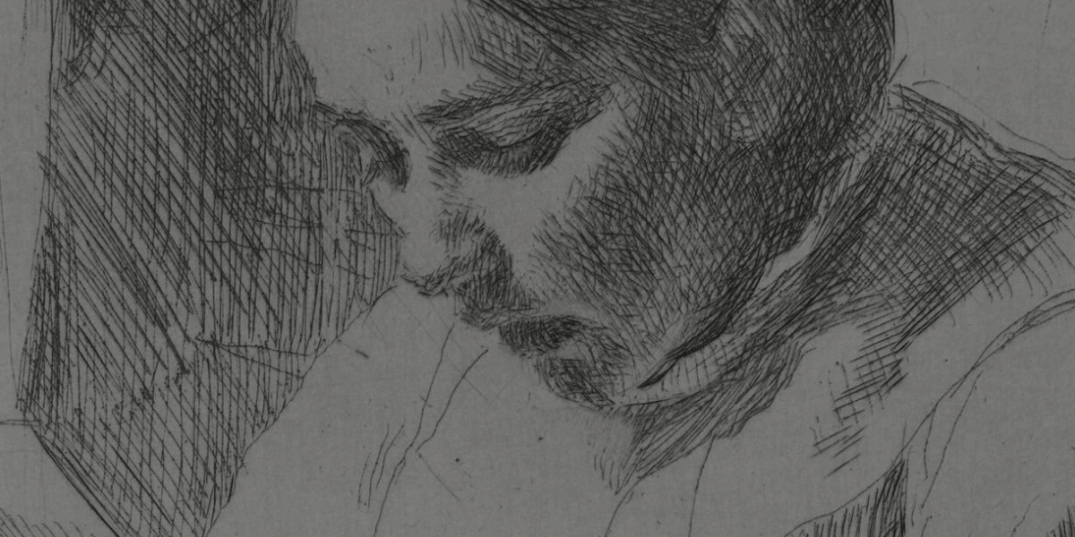 Black and white sketch close-up of a woman with hair pulled back and slightly leaning forward in prayer.