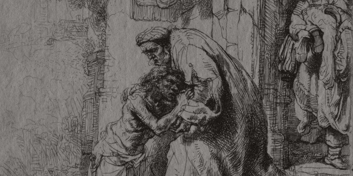 Etching of disheveled, ragged figure kneeling on outdoor stone steps, embraced by an older robed figure.