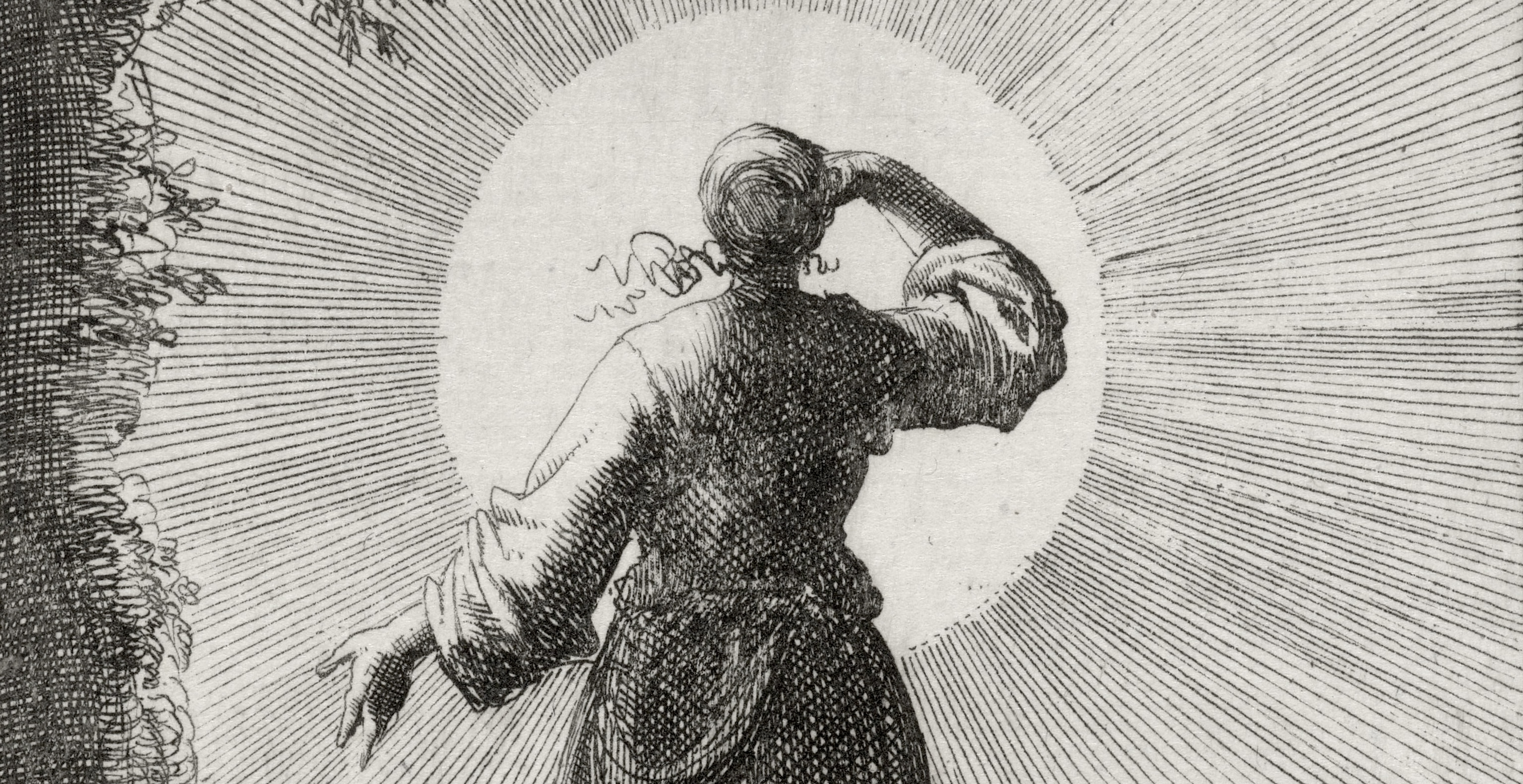 Drawing of woman shielding her eyes and facing a large sun