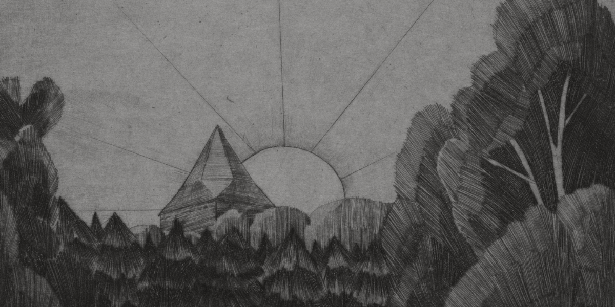 Sketch of a forest road with a low sun and a tower behind the trees.