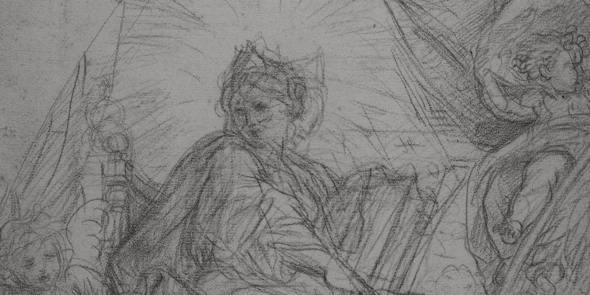 Drawing showing a seated allegorical figure of Divine Wisdom, with details including a lamb and an angry putto repelling Ignorance.