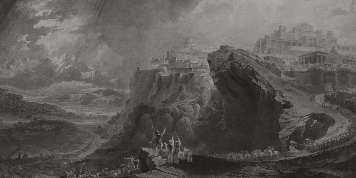 Joshua raises his arm toward the sky to command the sun and moon to halt their course.
