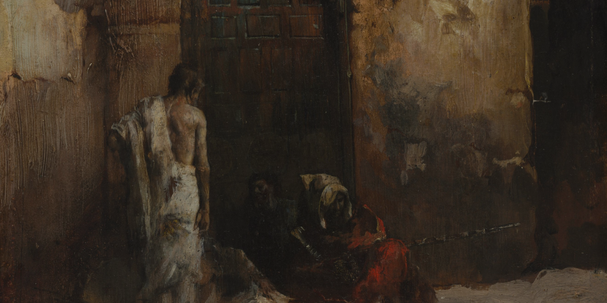 Painting of ragged figures huddled near closed door with one worn figure wrapped in white standing nearby.