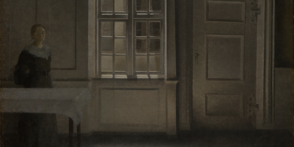 Painting of woman standing near closed window and door