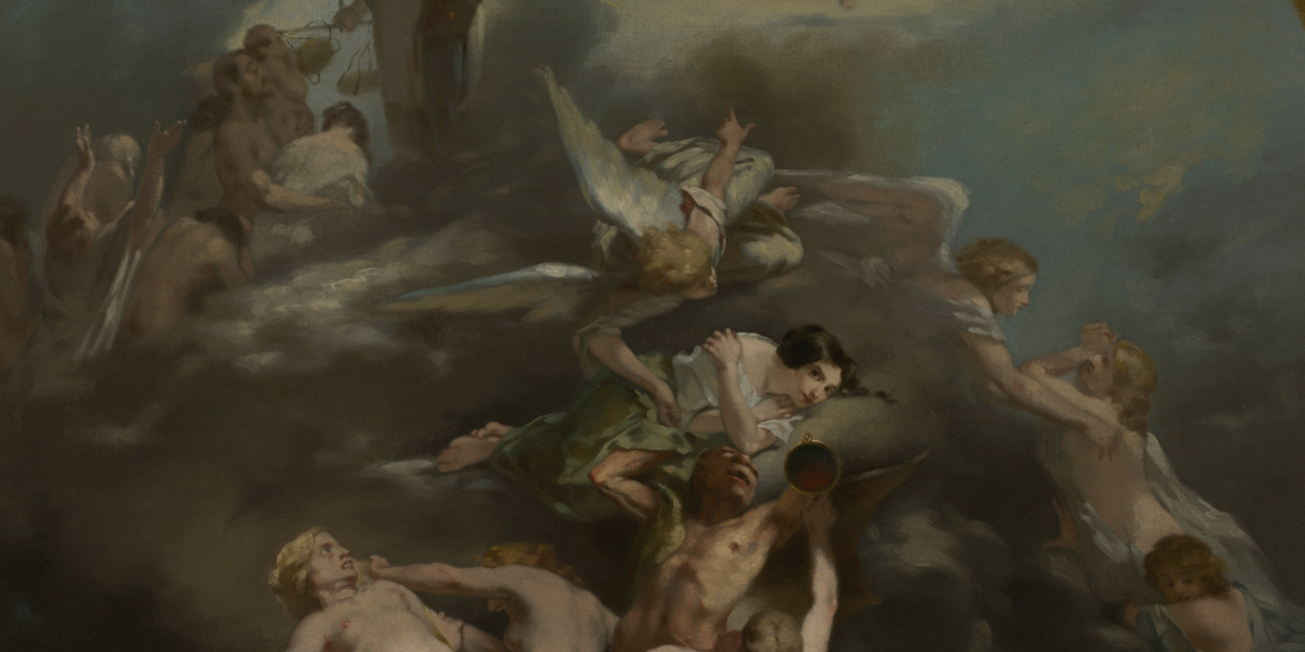 Oil painting of a woman dressed in green and white covers her chest with both arms, crosses her legs, and looks directly out at the viewer. A descending angel grips her waist and points toward the heavens and Satan tries to pull her below.