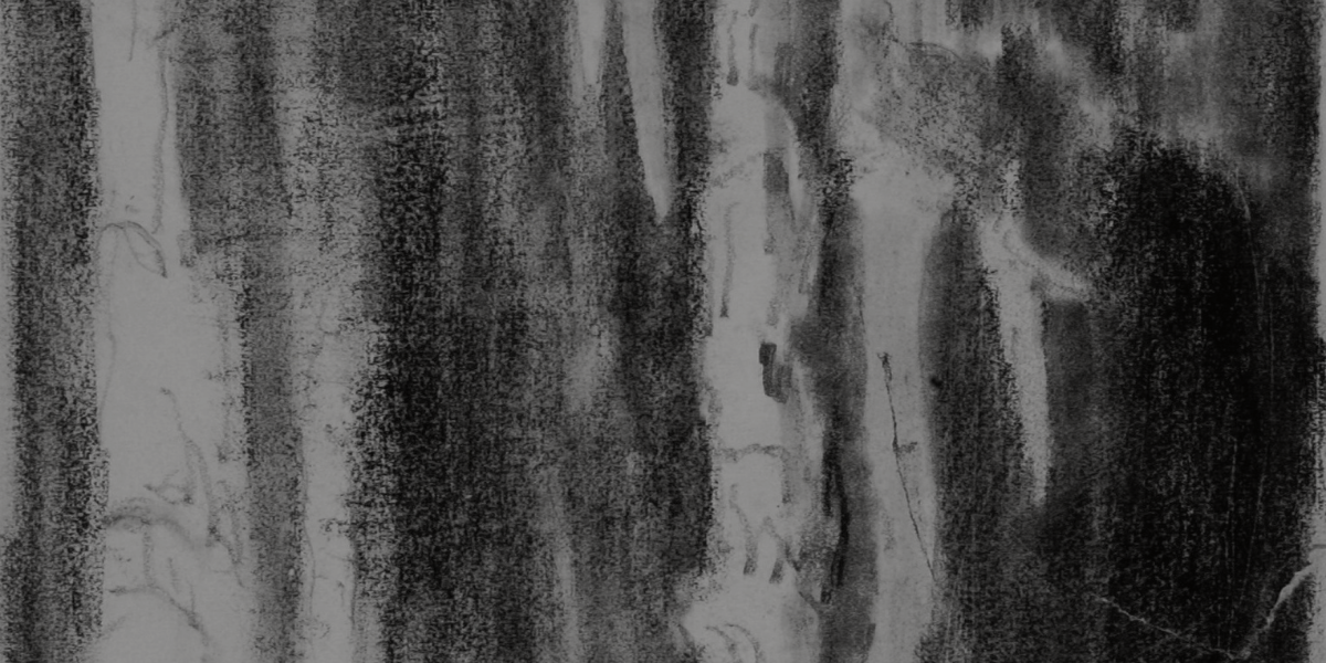 Rough sketch of a cave interior with a shadowy figure standing next to stalagmites and stalactites.