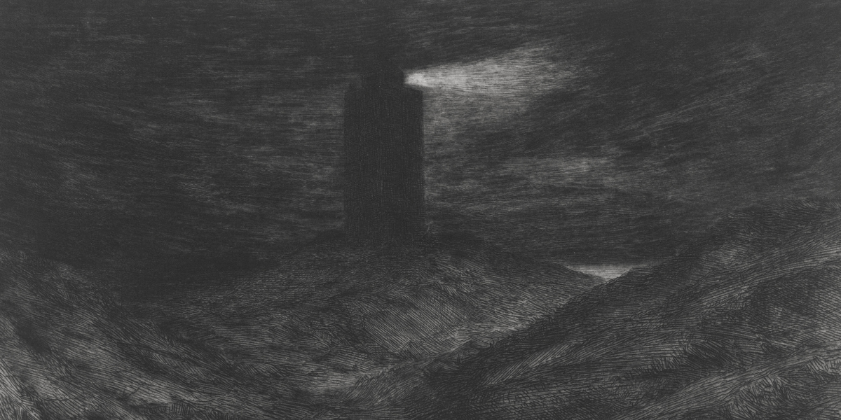 Black-and-white drawing of a lighthouse shadowed in darkness.